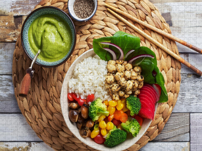 Vegane Bowl mit Kichererbsen, Mais, Paprika, Avocadodip, Karotten, Brokkoli, rote Beete - CALVENDO Foto-Puzzle'