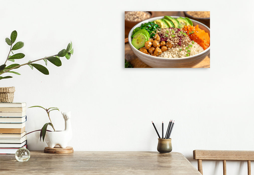 Premium Textil-Leinwand Vegane Bowl mit Reis, Avocado, Kichererbsenpüree, Toppings, Dressing