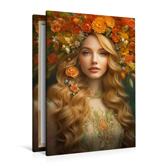 Premium Textil-Leinwand Rotblonde Frau im Portrait trägt orangefarbene Blumen im Kopfschmuck