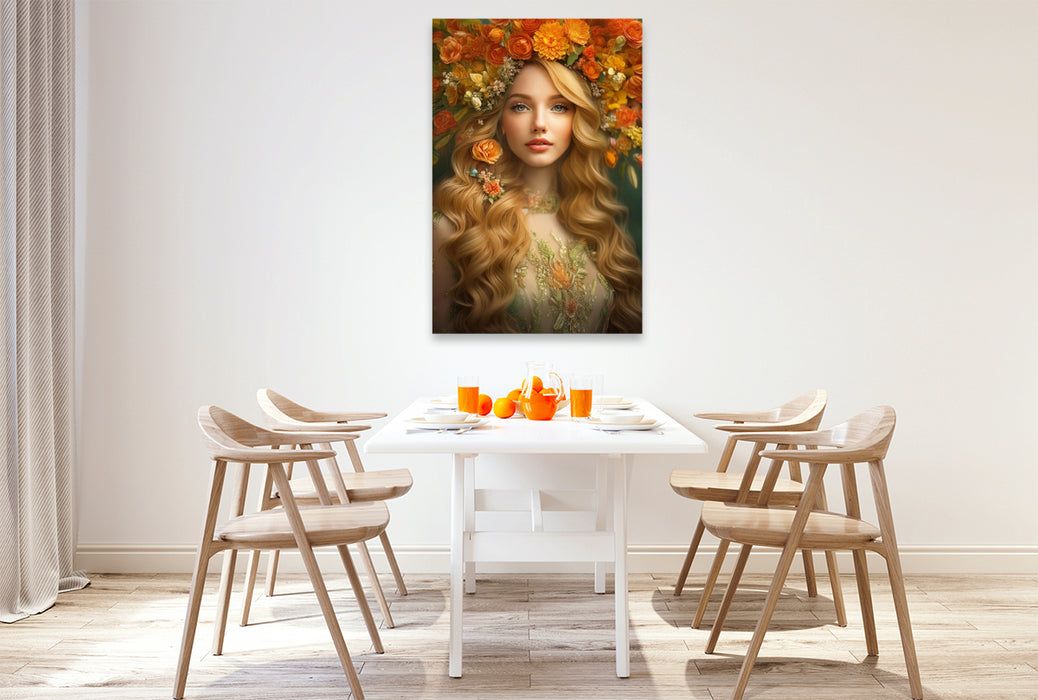 Premium Textil-Leinwand Rotblonde Frau im Portrait trägt orangefarbene Blumen im Kopfschmuck