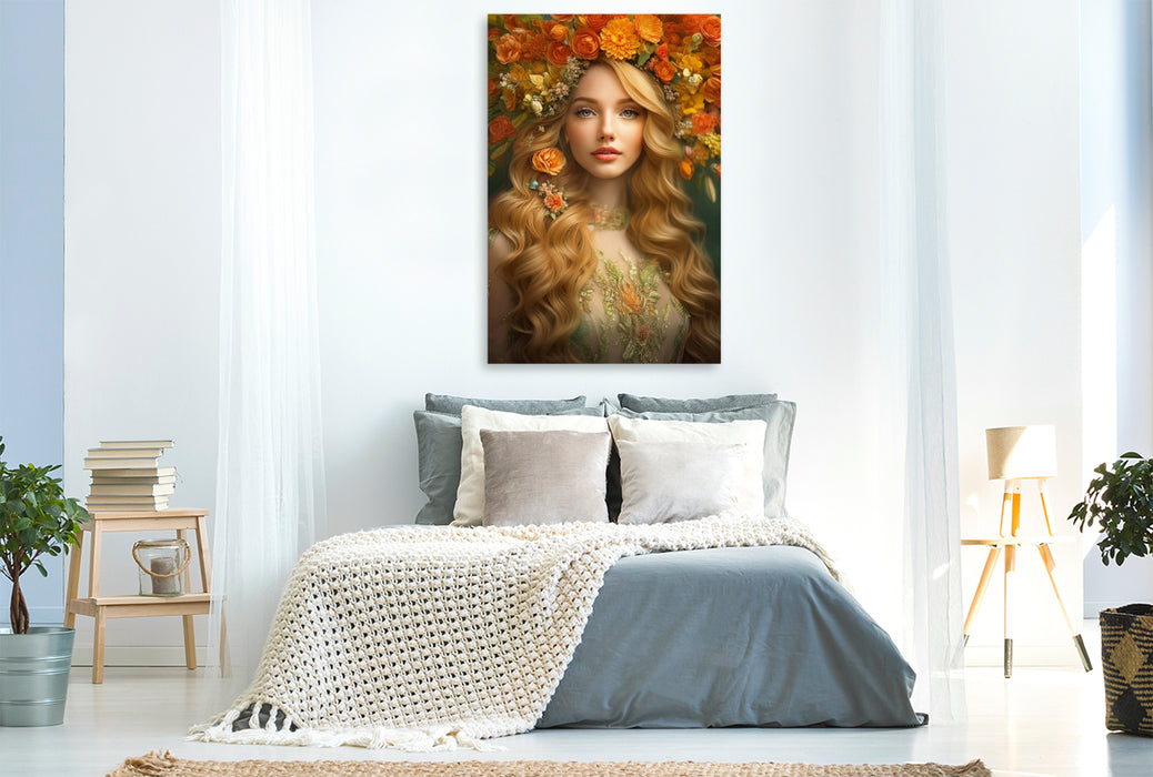 Premium Textil-Leinwand Rotblonde Frau im Portrait trägt orangefarbene Blumen im Kopfschmuck