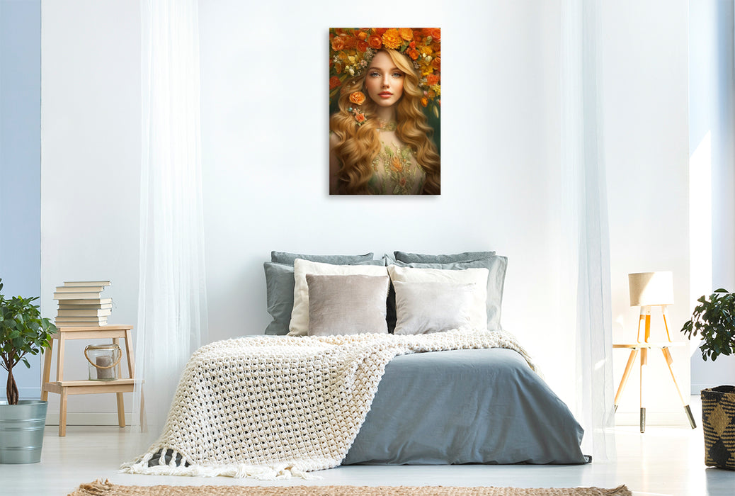 Premium Textil-Leinwand Rotblonde Frau im Portrait trägt orangefarbene Blumen im Kopfschmuck