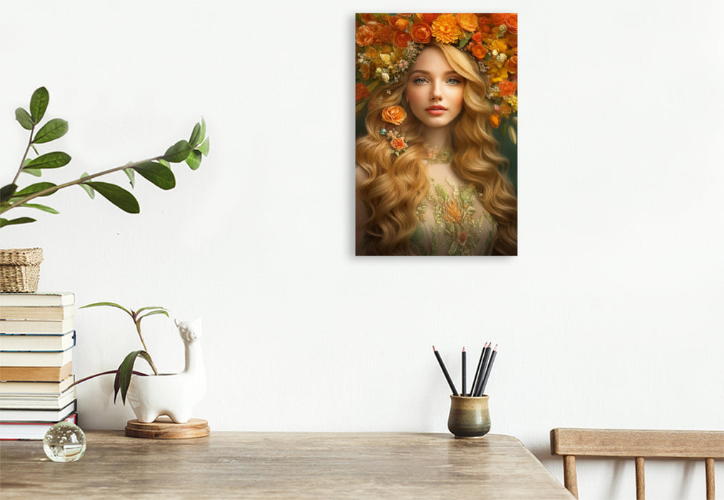 Premium Textil-Leinwand Rotblonde Frau im Portrait trägt orangefarbene Blumen im Kopfschmuck