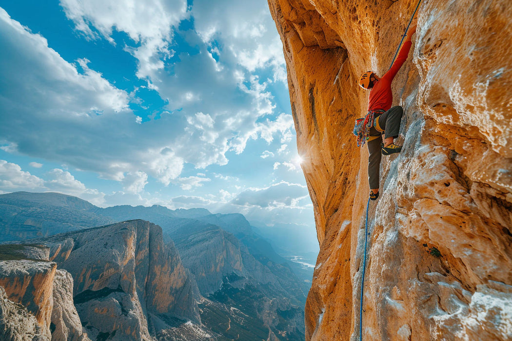 Premium Textil-Leinwand Felsenfest: Leidenschaft im Aufstieg - Freeclimbing