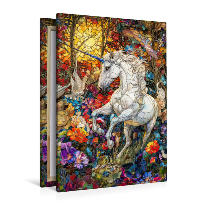 Premium Textil-Leinwand Einhorn rennt auf einer farbenfrohen Blumenwiese