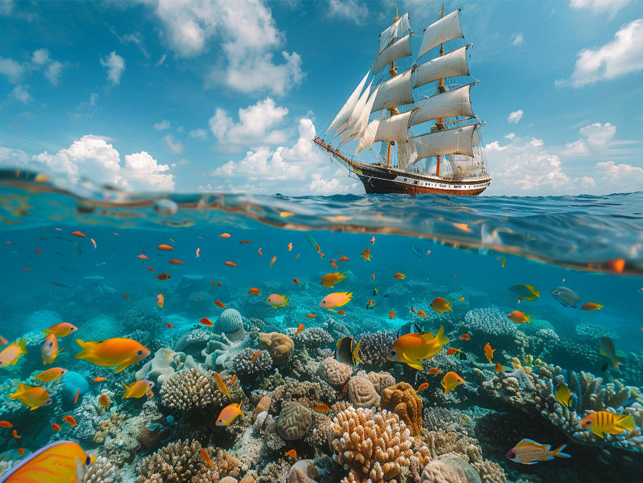 Oben und unten - Segelschiff und Korallen mit Fischen - CALVENDO Foto-Puzzle'