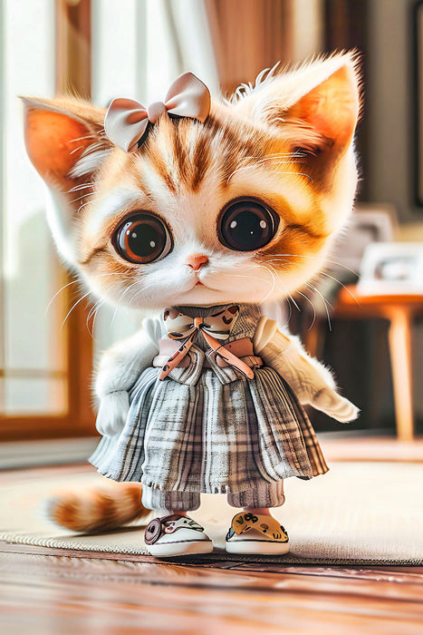 Premium Textil-Leinwand Kätzchen in einem karierten Kleid