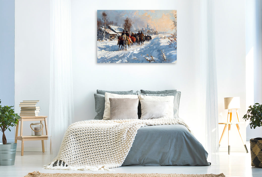 Premium Textil-Leinwand Reiter im Schnee - Gemälde im Stil der russischen Meister