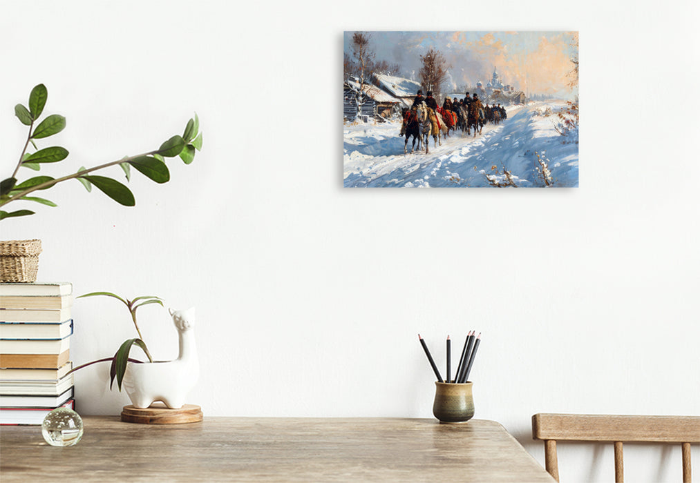Premium Textil-Leinwand Reiter im Schnee - Gemälde im Stil der russischen Meister