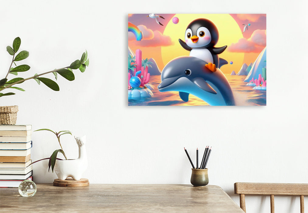 Premium Textil-Leinwand Ein Delphin als Fortbewegungsmittel für einen kleinen Pinguin