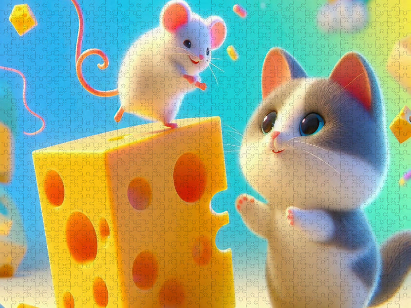 Katz und Maus teilen sich ein großzügiges Stück Käse, ein seltenes Bild der Harmonie in der Tierwelt - CALVENDO Foto-Puzzle'