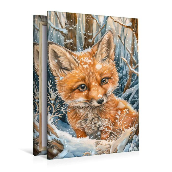 Premium Textil-Leinwand Junger Fuchs im Schnee