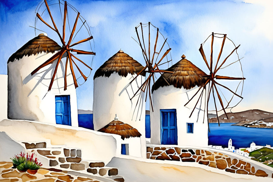 Premium Textil-Leinwand Windmühlen auf Mykonos