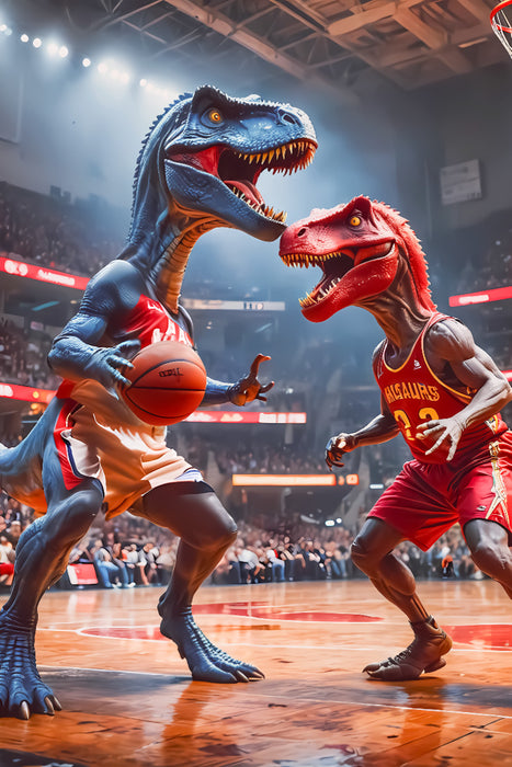 Premium Textil-Leinwand Ein Dino Basketballspiel