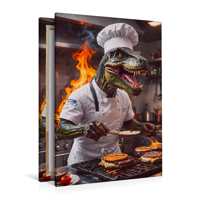 Premium Textil-Leinwand Der T-Rex Chefkoch brät Burger