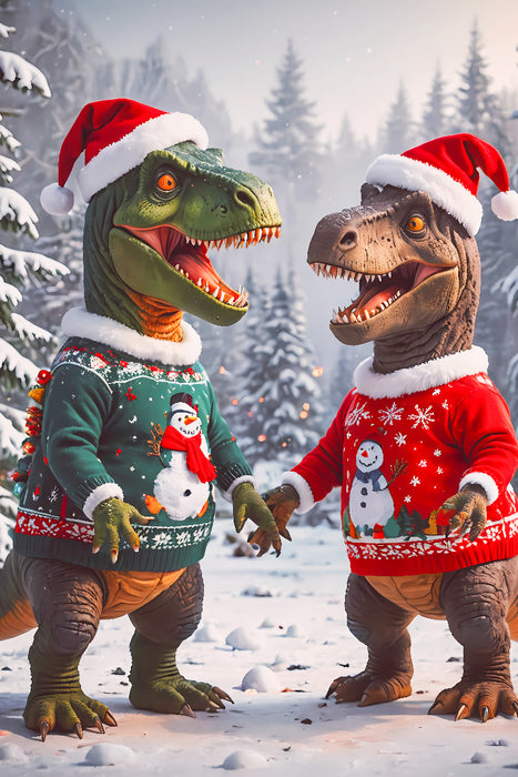 Premium Textil-Leinwand Zwei Dinos haben Spaß im weihnachtlichen Schnee