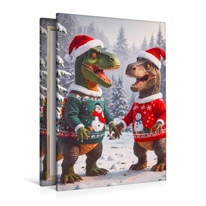 Premium Textil-Leinwand Zwei Dinos haben Spaß im weihnachtlichen Schnee