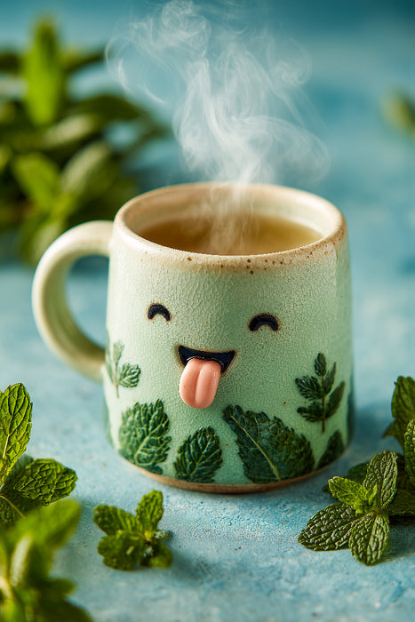 Premium Textil-Leinwand Frecher Pfefferminztee streckt die Zunge raus - Lustiges Kräuter-Motiv