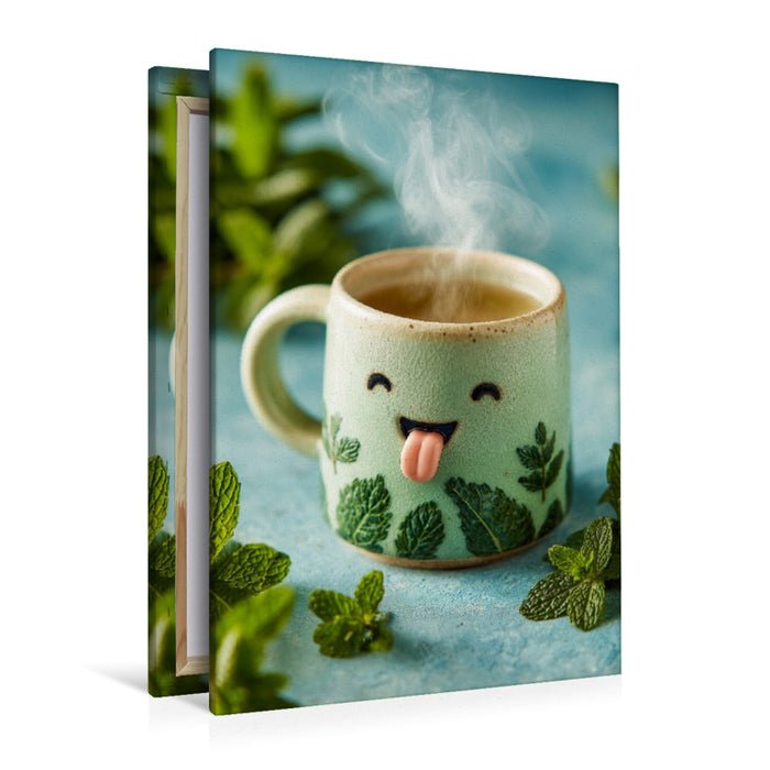Premium Textil-Leinwand Frecher Pfefferminztee streckt die Zunge raus - Lustiges Kräuter-Motiv