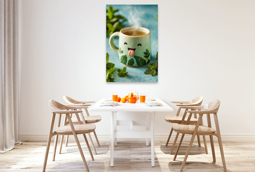 Premium Textil-Leinwand Frecher Pfefferminztee streckt die Zunge raus - Lustiges Kräuter-Motiv