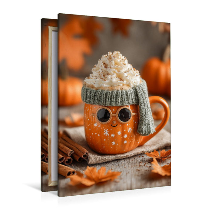 Premium Textil-Leinwand Stylishe Kürbis-Latte mit Sonnenbrille - Herbstliches Fun-Motiv