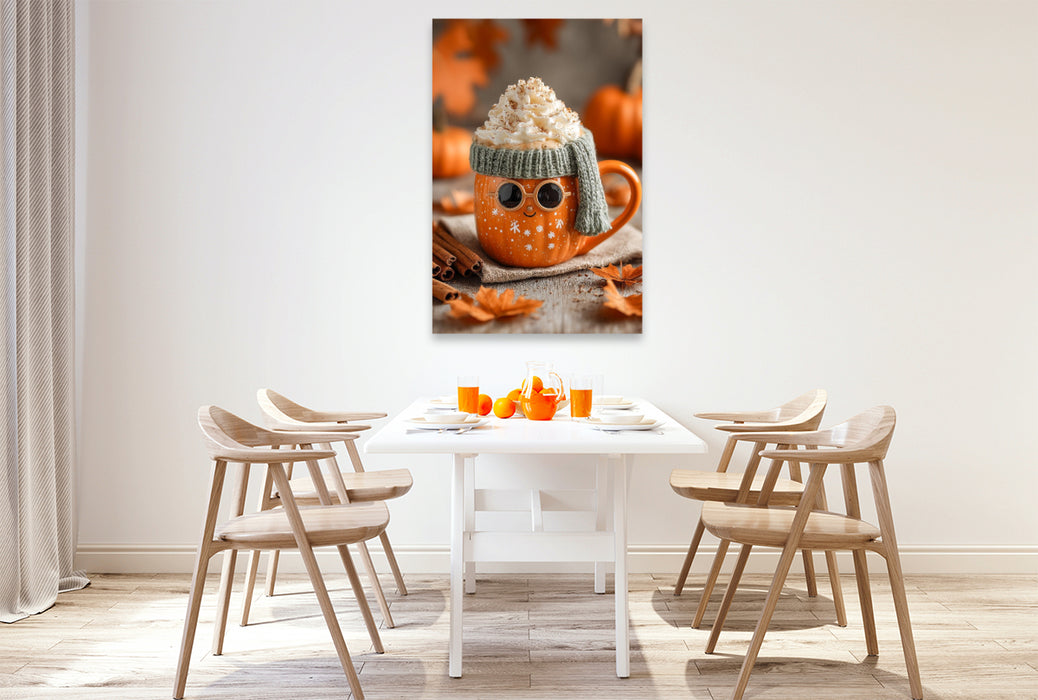 Premium Textil-Leinwand Stylishe Kürbis-Latte mit Sonnenbrille - Herbstliches Fun-Motiv