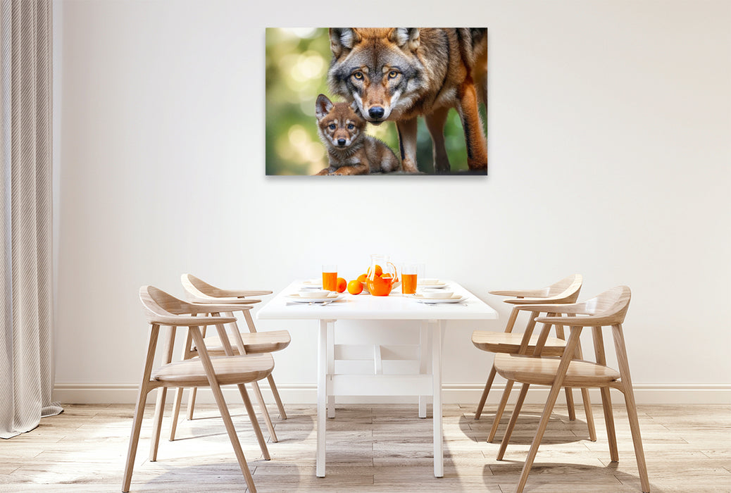 Premium Textil-Leinwand Die Wölfin schützt ihr Junges