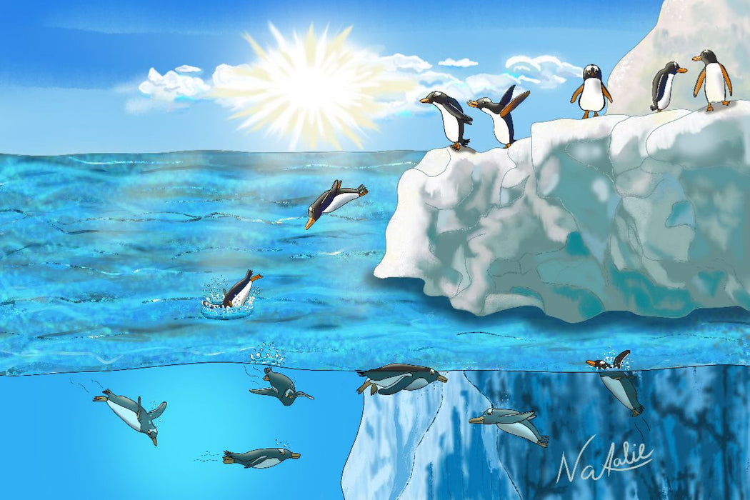 Premium Textil-Leinwand Pinguin Sprung, ein Hüpfer ins kalte Nass