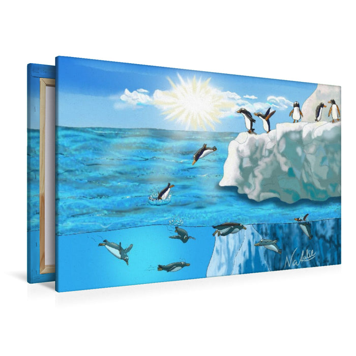Premium Textil-Leinwand Pinguin Sprung, ein Hüpfer ins kalte Nass