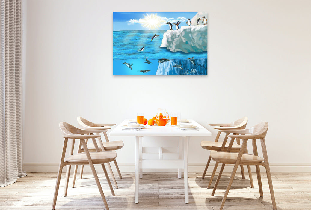 Premium Textil-Leinwand Pinguin Sprung, ein Hüpfer ins kalte Nass