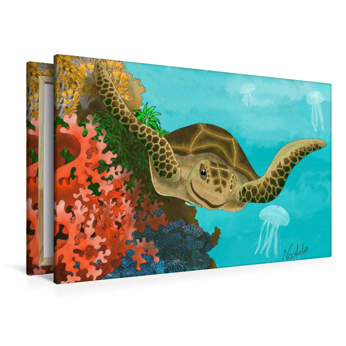 Premium Textil-Leinwand Fröhliche Meeresschildkröte im Korallenriff