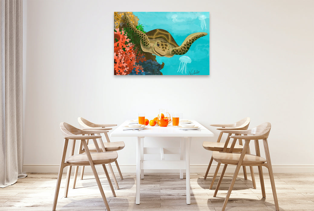Premium Textil-Leinwand Fröhliche Meeresschildkröte im Korallenriff