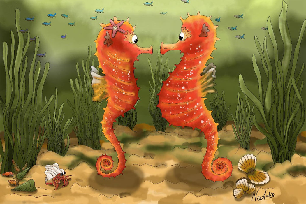 Premium Textil-Leinwand Ein Tanz im Ozean, die Begegnung der Seepferdchen