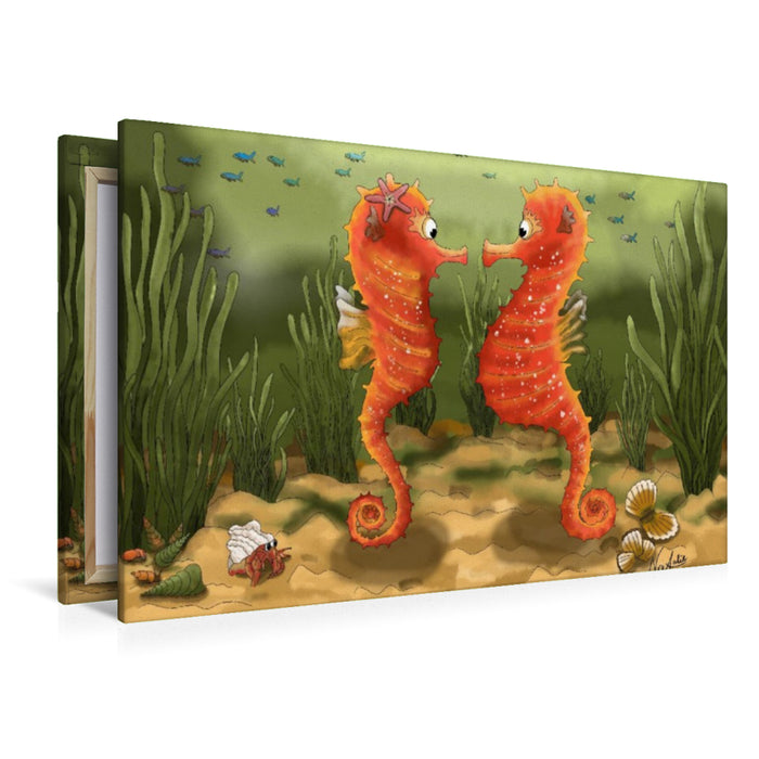 Premium Textil-Leinwand Ein Tanz im Ozean, die Begegnung der Seepferdchen