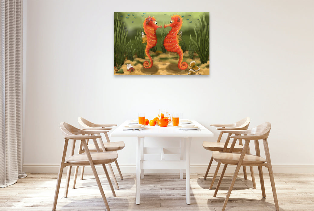 Premium Textil-Leinwand Ein Tanz im Ozean, die Begegnung der Seepferdchen