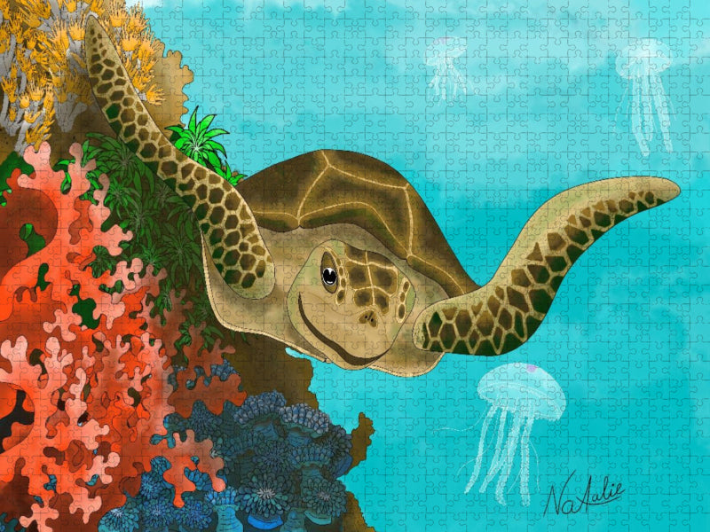 Fröhliche Meeresschildkröte im Korallenriff - CALVENDO Foto-Puzzle'