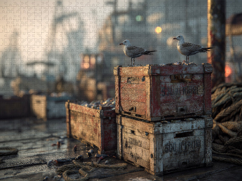 Möwen auf Fischkisten - Hafenstimmung in der Morgendämmerung - CALVENDO Foto-Puzzle'