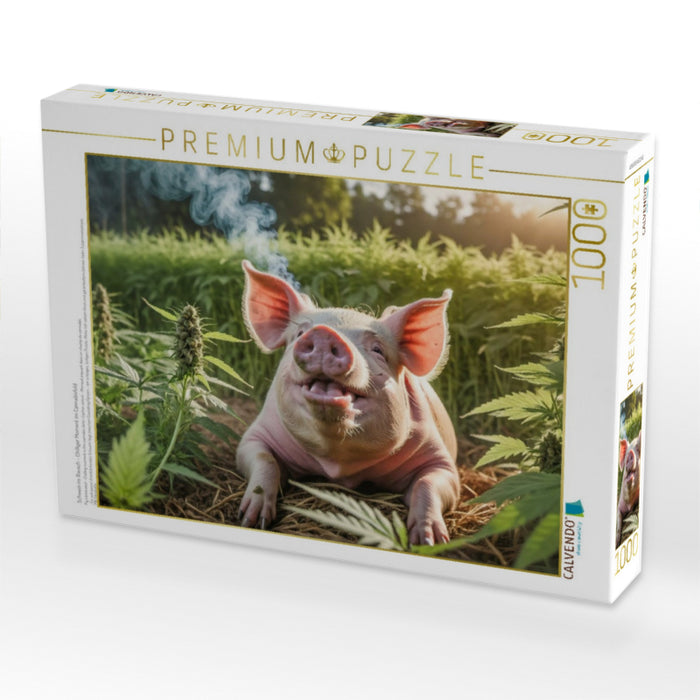 Schwein im Rausch - Chilliger Moment im Cannabisfeld - CALVENDO Foto-Puzzle'