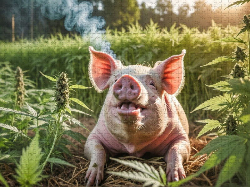 Schwein im Rausch - Chilliger Moment im Cannabisfeld - CALVENDO Foto-Puzzle'