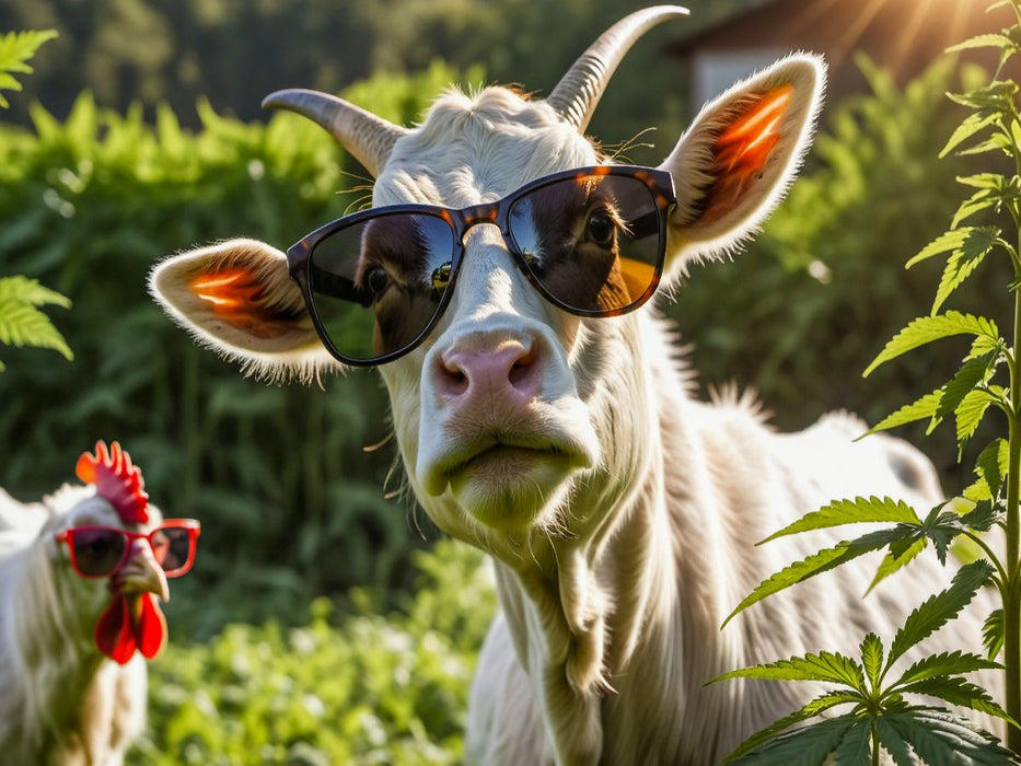 Ziege mit Sonnenbrille im Hanffeld - Farm Vibes auf THC-Level - CALVENDO Foto-Puzzle'