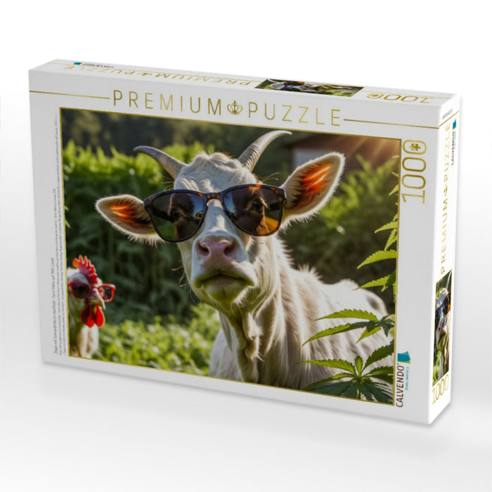 Ziege mit Sonnenbrille im Hanffeld - Farm Vibes auf THC-Level - CALVENDO Foto-Puzzle'