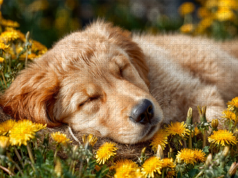 Träumender Golden Retriever-Welpe - Sanfte Ruhe in der Frühlingswiese - CALVENDO Foto-Puzzle'