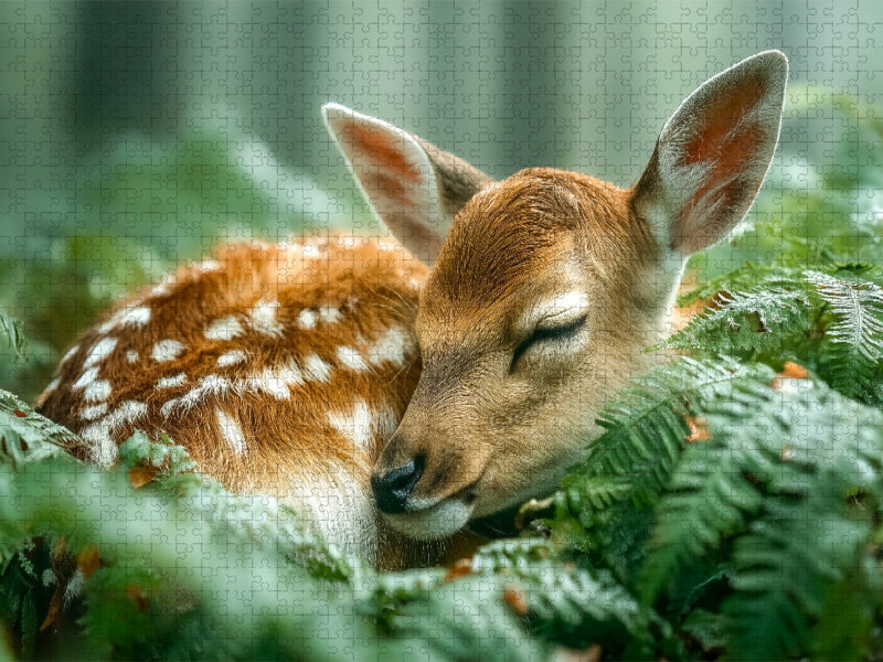 Schlafendes Rehkitz im Wald - Zartes Naturmotiv zum Verlieben - CALVENDO Foto-Puzzle'