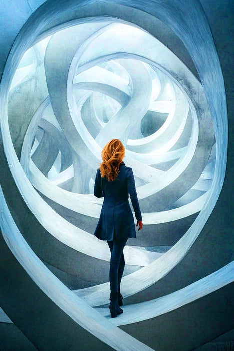 Premium Textil-Leinwand Blaues Labyrinth - Frau in Spiralen