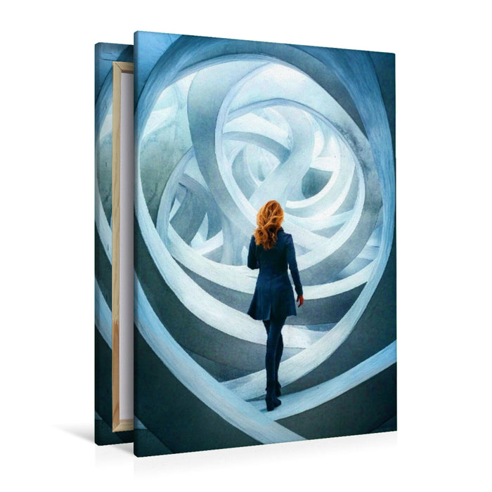 Premium Textil-Leinwand Blaues Labyrinth - Frau in Spiralen