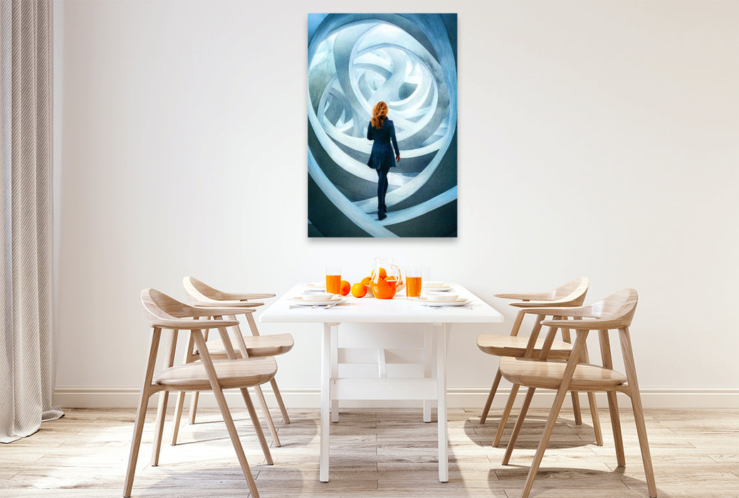 Premium Textil-Leinwand Blaues Labyrinth - Frau in Spiralen