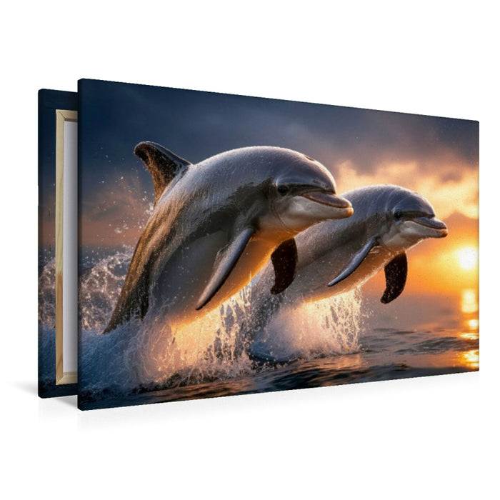Premium Textil-Leinwand Zwei Delfine im Sonnenuntergang