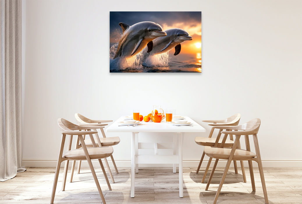 Premium Textil-Leinwand Zwei Delfine im Sonnenuntergang