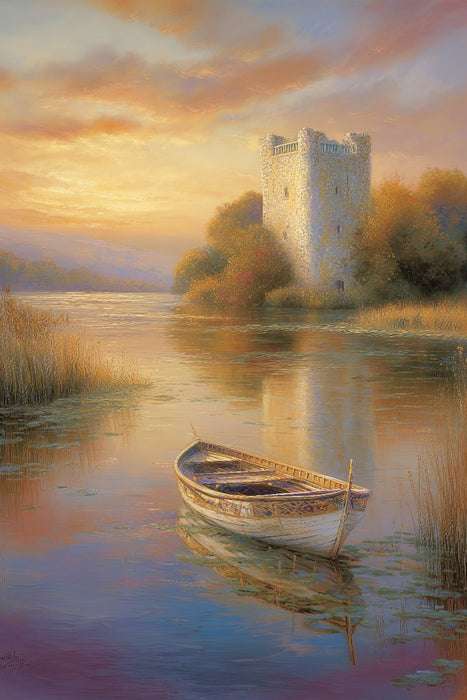 Premium Textil-Leinwand Turm am herbstlichen See