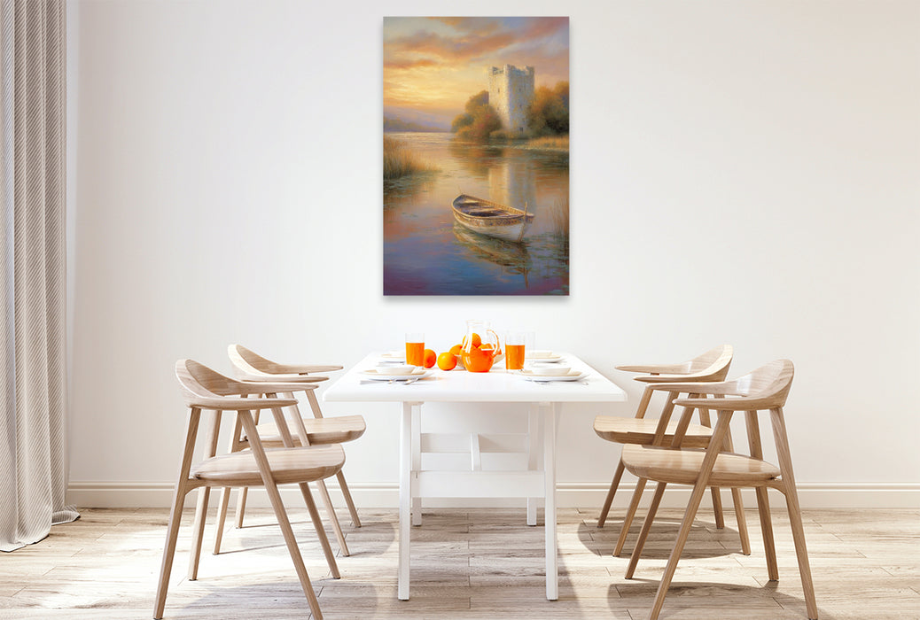 Premium Textil-Leinwand Turm am herbstlichen See